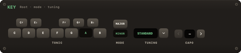 KEY module with tonic keyboard, mode toggle and tuning picker