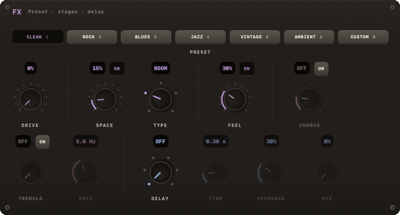 FX module showing presets, DRIVE, SPACE, FEEL, CHORUS, TREMOLO and DELAY