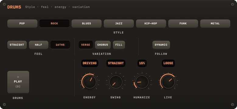 DRUMS module with genre picker, feel, energy and dynamic toggle