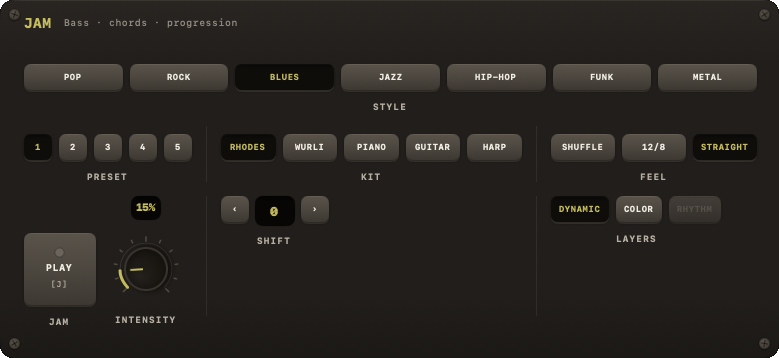 JAM module with style picker, kit, feel and progression controls
