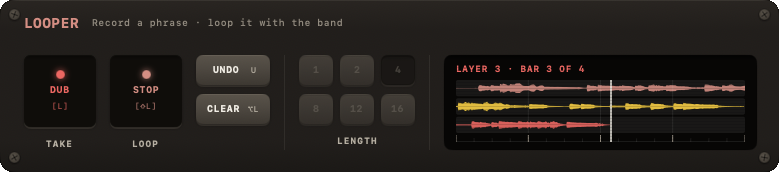 LOOPER module with the REC and PLAY pads, UNDO over CLEAR, the six lengths and the screen with the bars