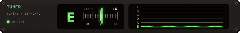 TUNER panel with note name, cents indicator and per-string display