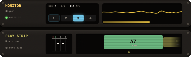 Il modulo MONITOR con oscilloscopio, VU meter, la striscia degli accordi e la riga della sessione