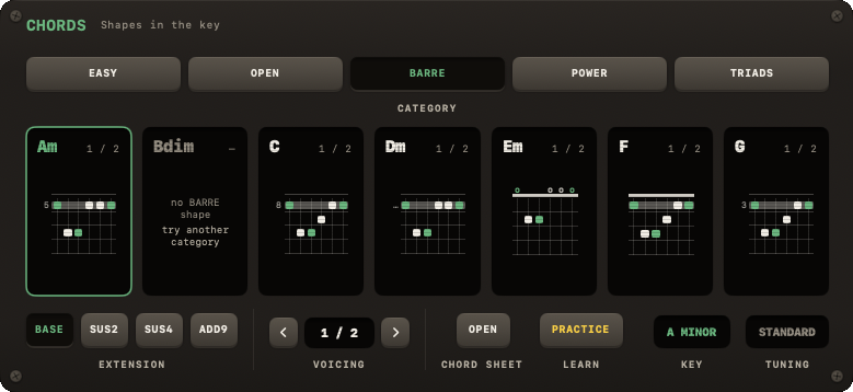 CHORDS section showing the 7 diatonic chords of the current key