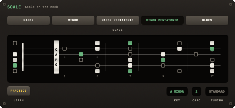 SCALE section with scale-type picker and fretboard