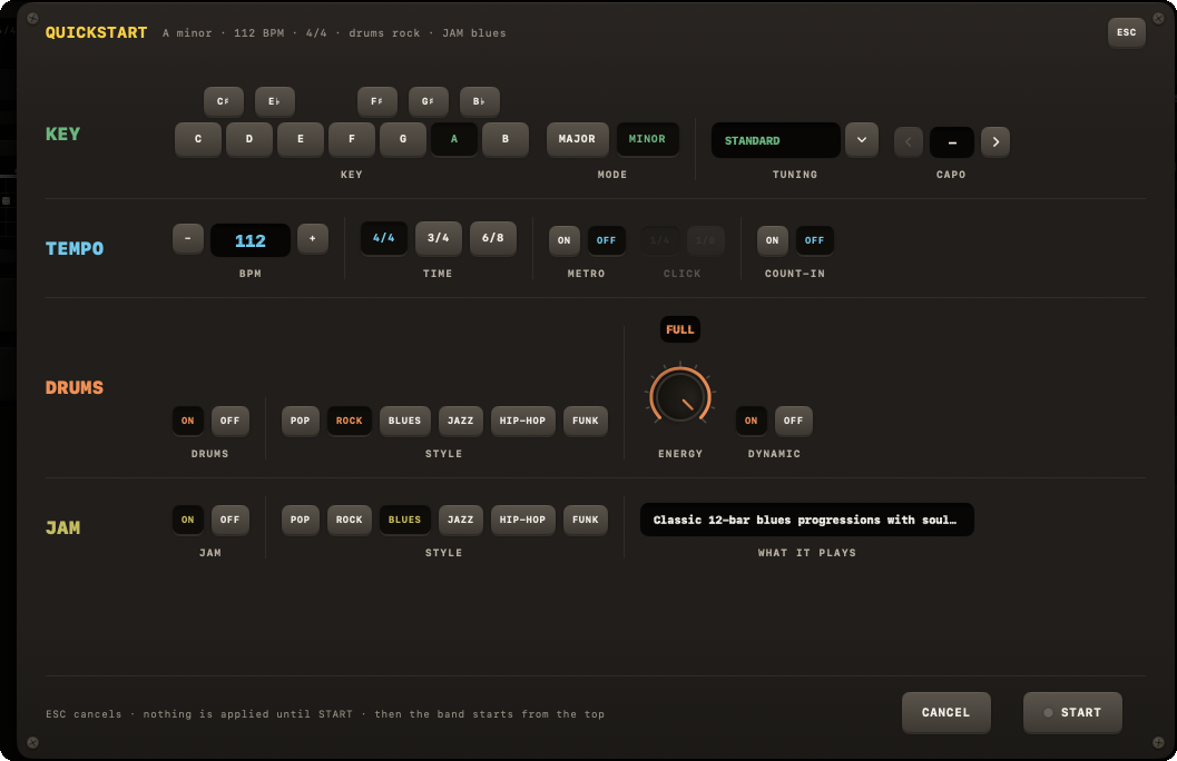 Die Platte QUICKSTART: KEY, TEMPO, DRUMS und JAM auf vier Zeilen
