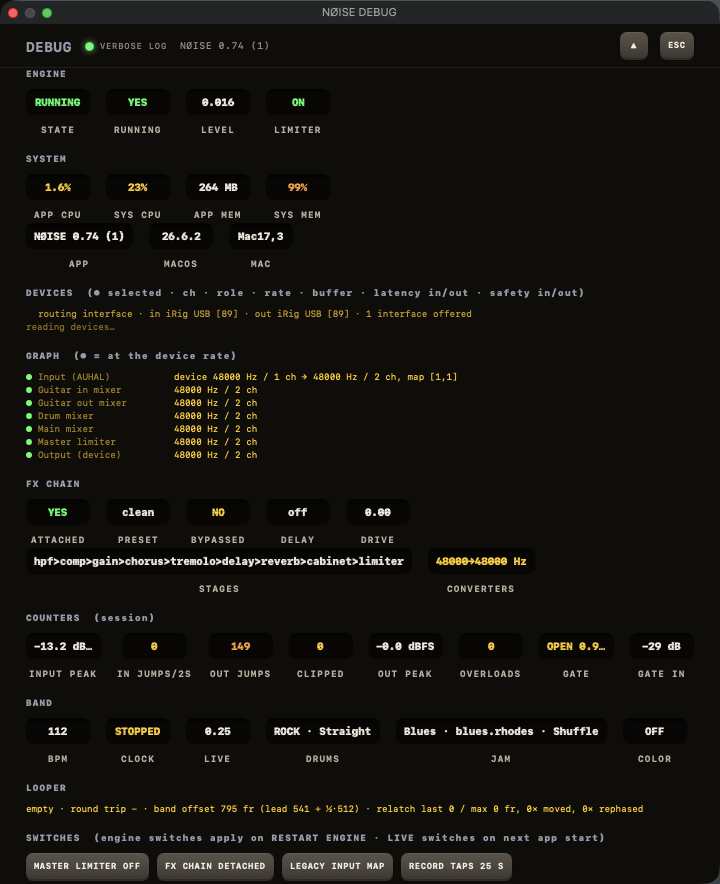 Debug Panel with device info, log view, and reset controls