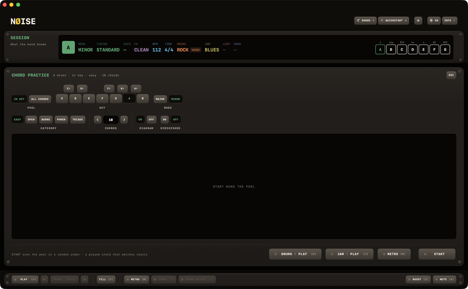 Chord practice setup: choosing key, diagram and chord count