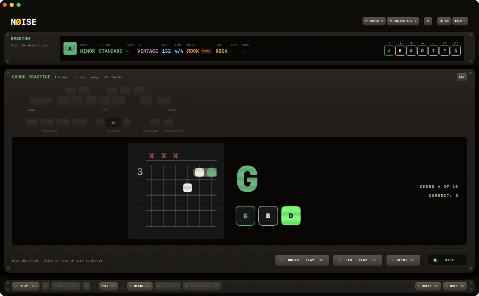 Chord practice in play, showing the target chord and detected notes