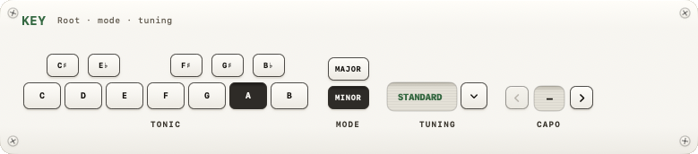 KEY module with tonic keyboard, mode toggle and tuning picker