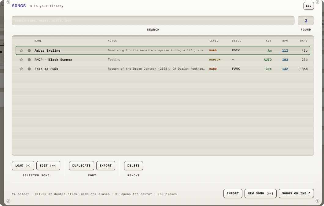 The SONGS plate with the song library and the DUPLICATE, EXPORT and IMPORT buttons