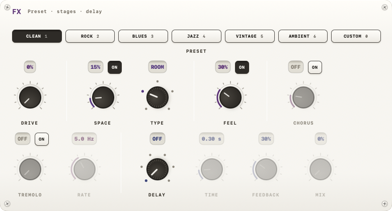 FX module showing presets, DRIVE, SPACE, FEEL, CHORUS, TREMOLO and DELAY