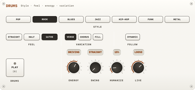 DRUMS module with genre picker, feel, energy and dynamic toggle