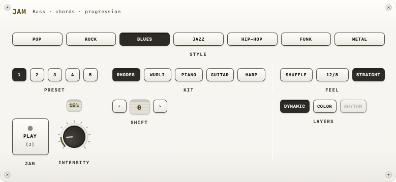 JAM module with style picker, kit, feel and progression controls