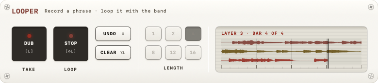 LOOPER module with the REC and PLAY pads, UNDO over CLEAR, the six lengths and the screen with the bars