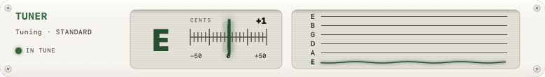 TUNER panel with note name, cents indicator and per-string display