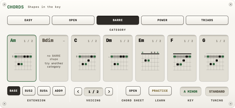 CHORDS section showing the 7 diatonic chords of the current key