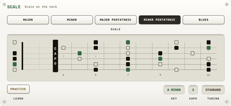 SCALE section with scale-type picker and fretboard