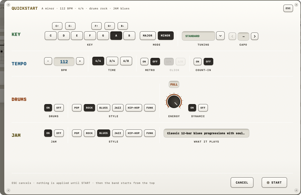 Die Platte QUICKSTART: KEY, TEMPO, DRUMS und JAM auf vier Zeilen