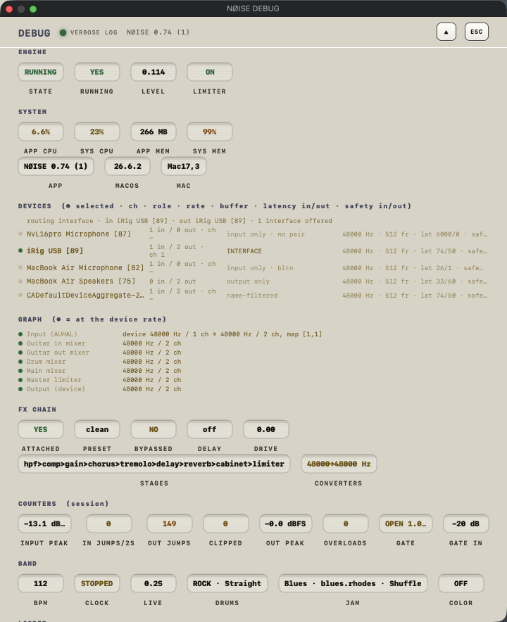 Debug Panel with device info, log view, and reset controls