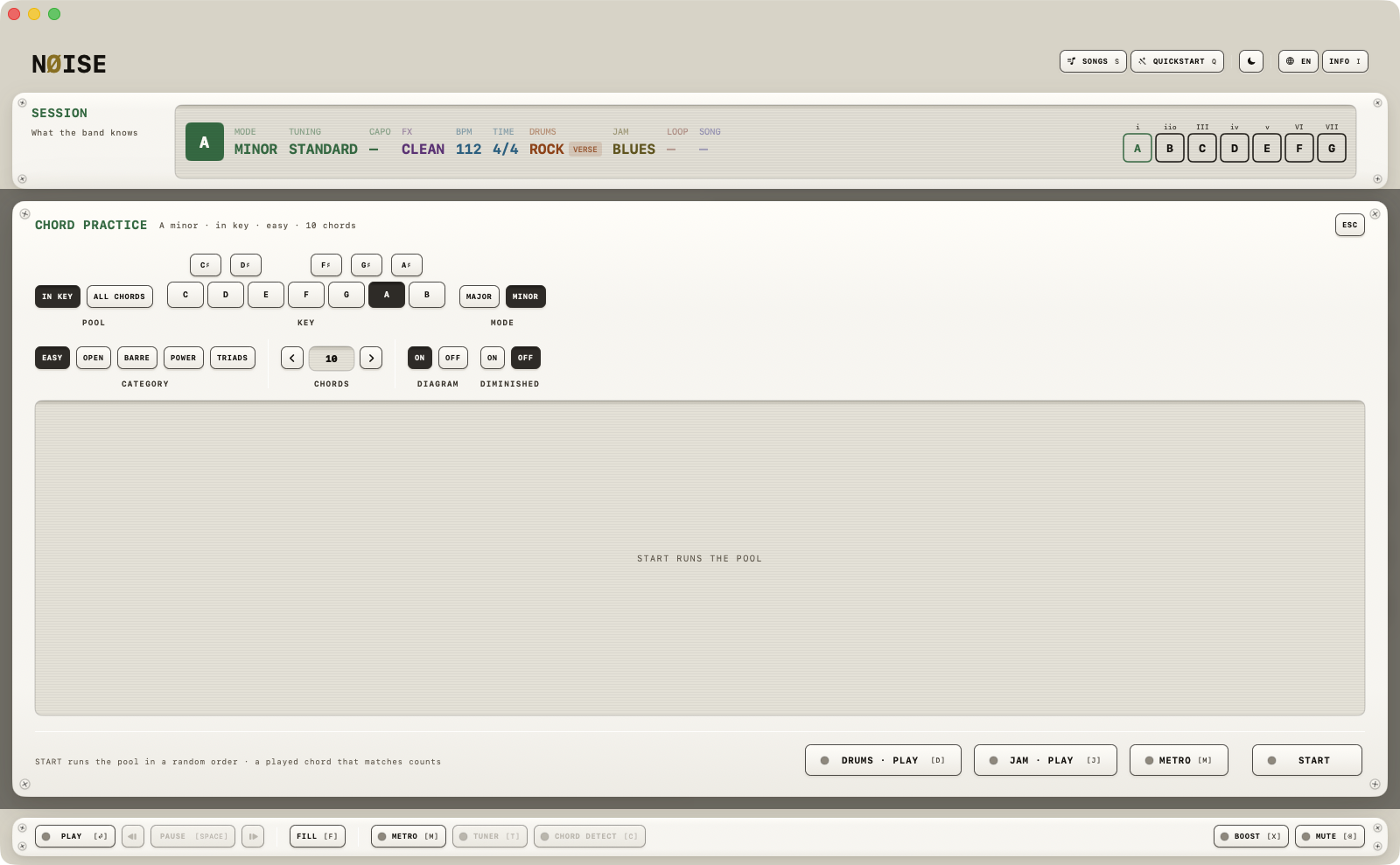 Chord practice setup: choosing key, diagram and chord count