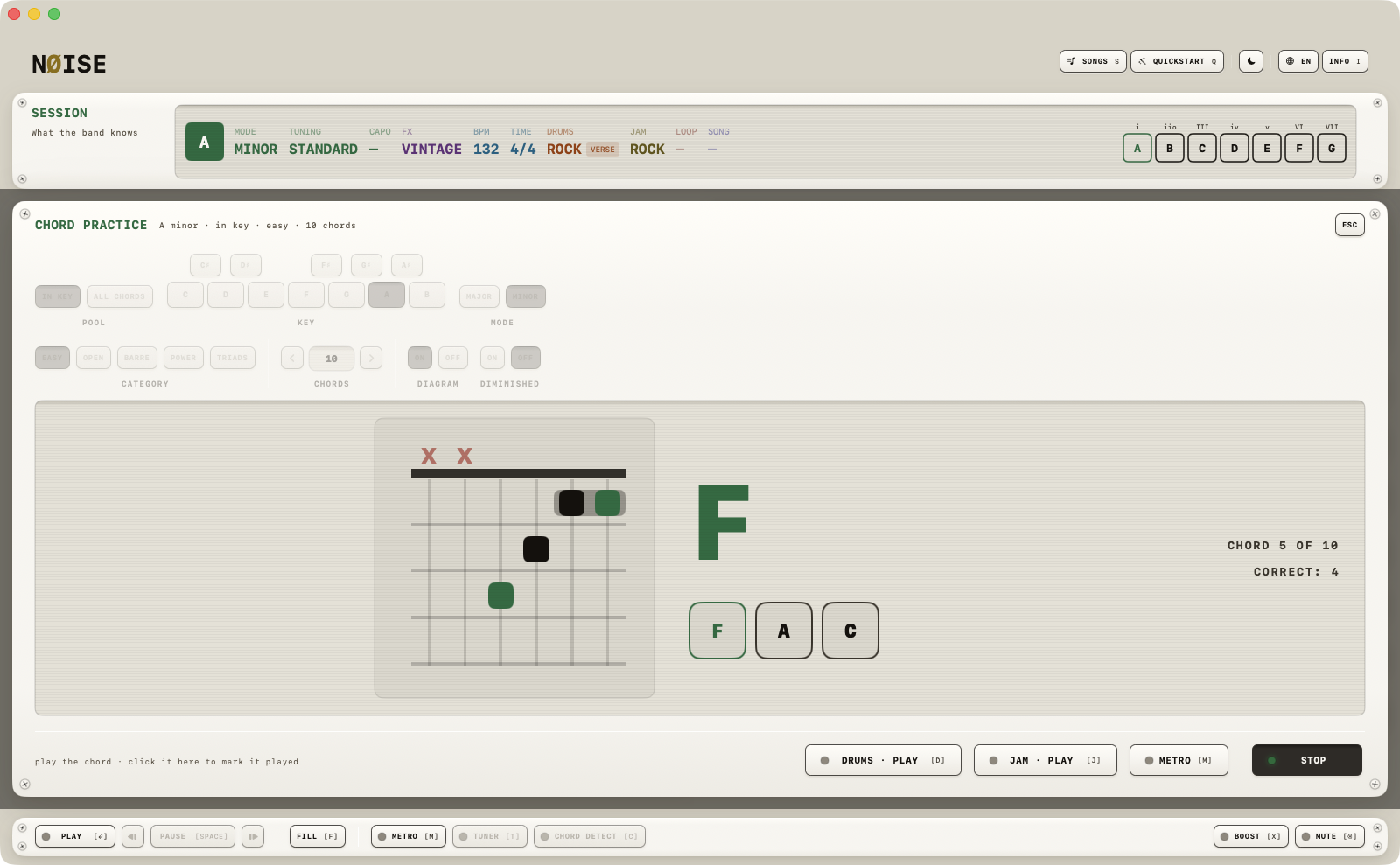 Chord practice in play, showing the target chord and detected notes